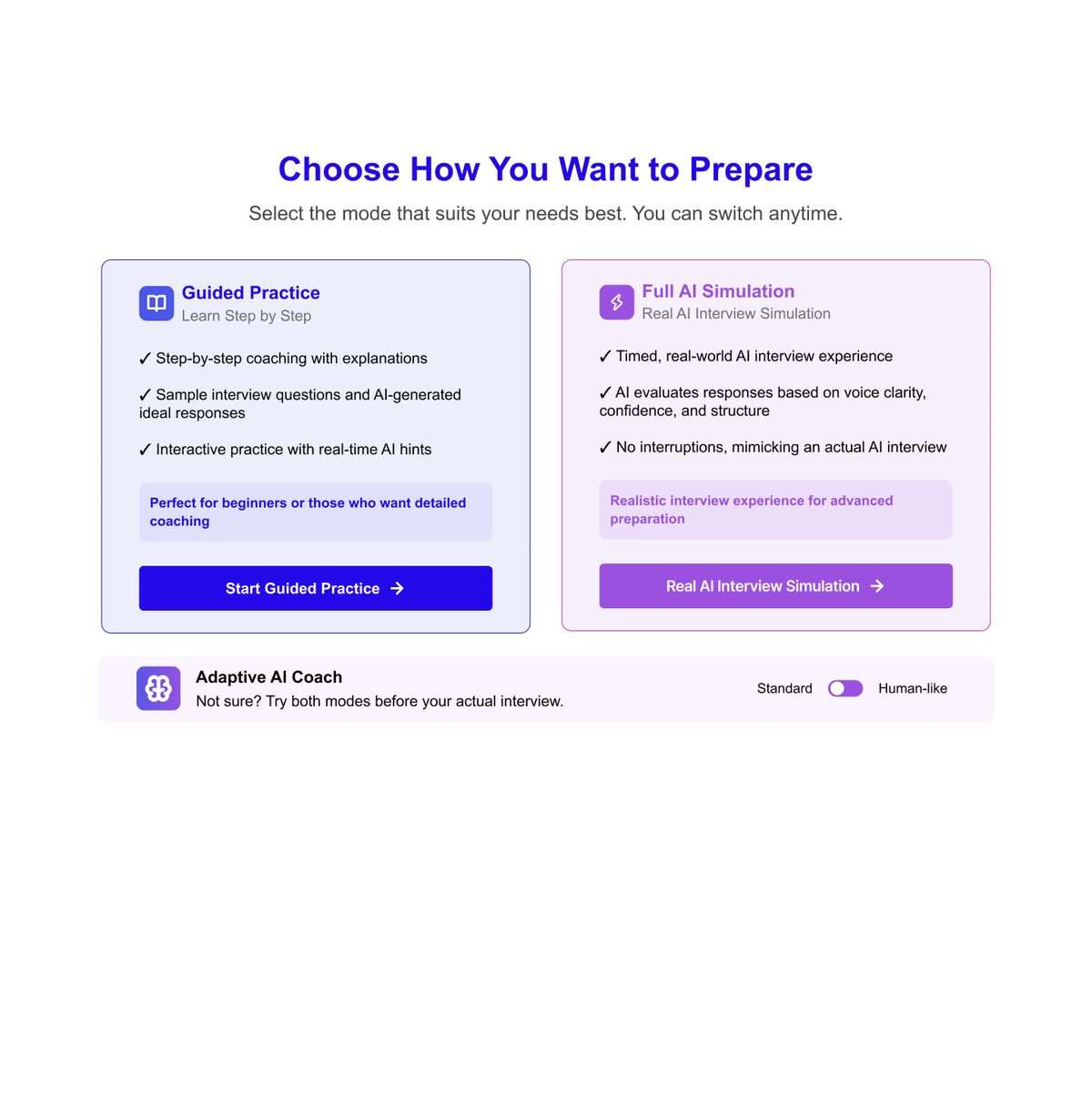 Choose how you want to prepare, guided practice or full simulation