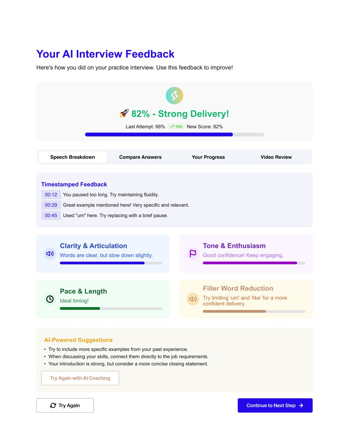 AI interview feedback, delivery, clarity, pace
