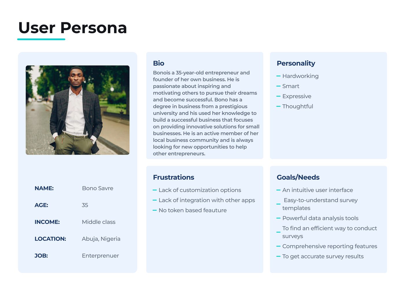 User persona, Bono Savre, entrepreneur