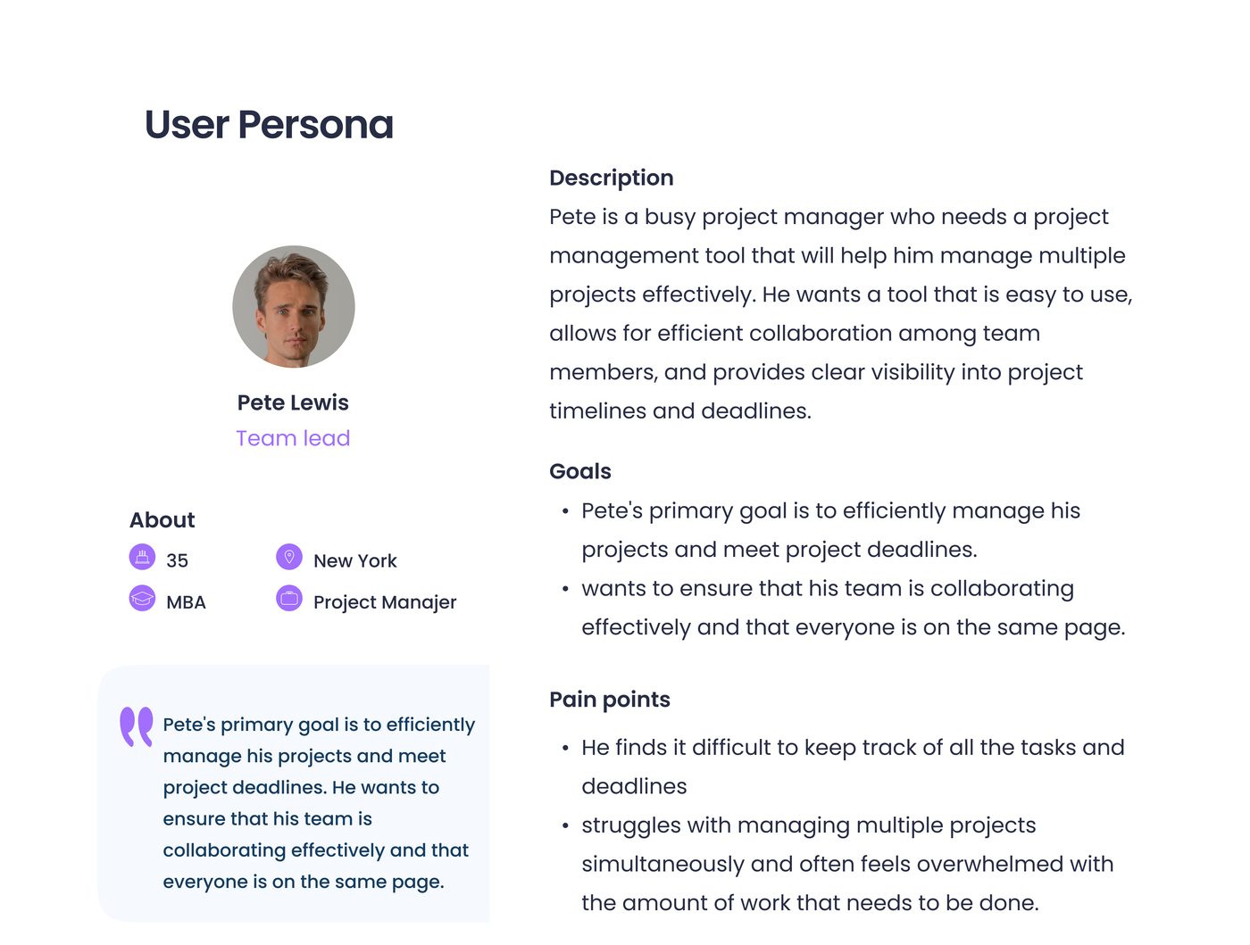 CABSPM personas, Project Manager Pete and Team Lead Tina
