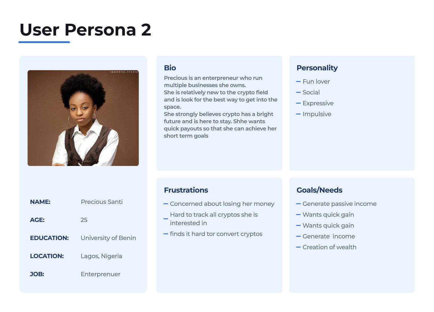 Crippy user persona 2, Precious Santi