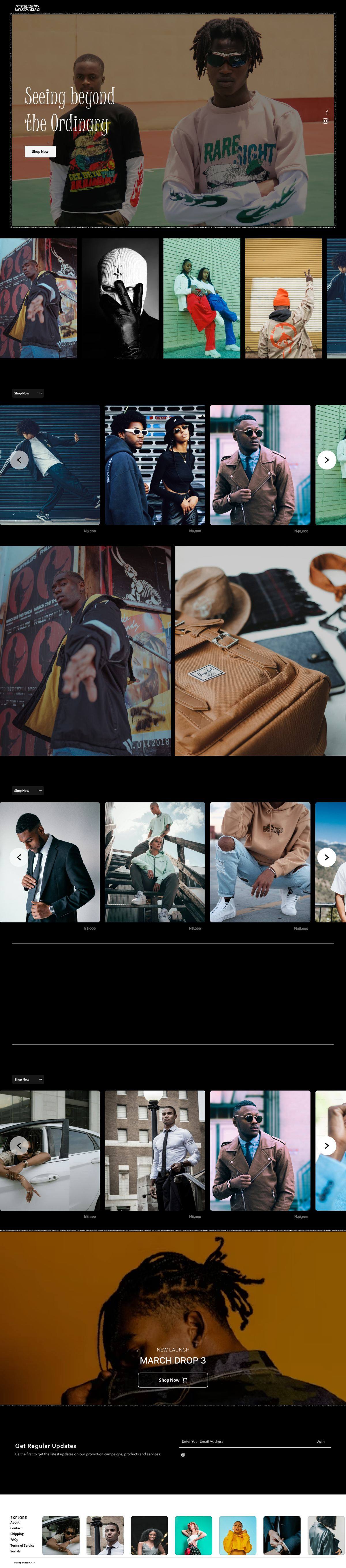 RareSight full homepage, hero, lookbook grids, quote, and latest drop