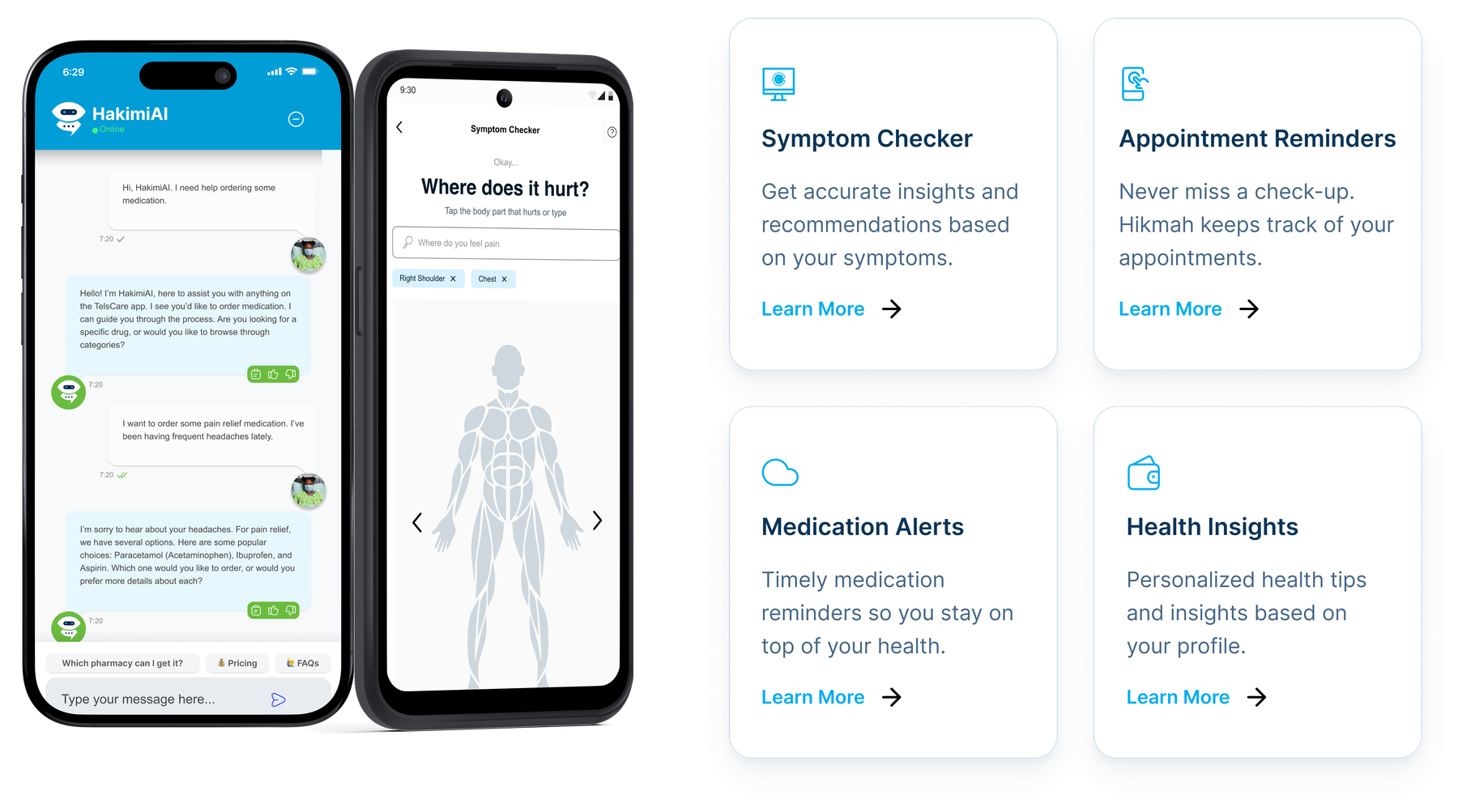 Hikmah, TelsCare's AI assistant: chat, symptom checker, reminders, medication alerts, health insights