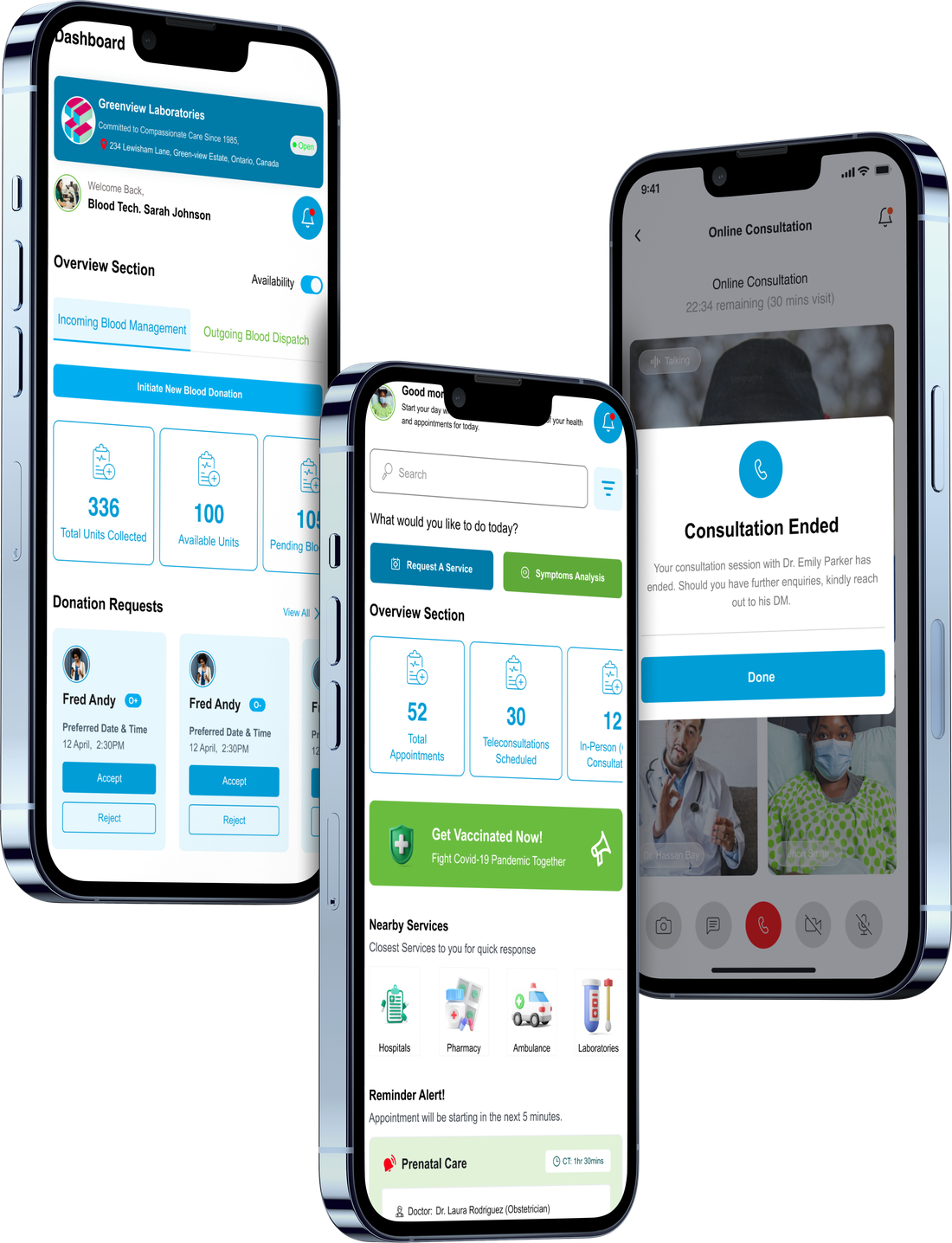 TelsCare mobile screens, labs, services and consultation