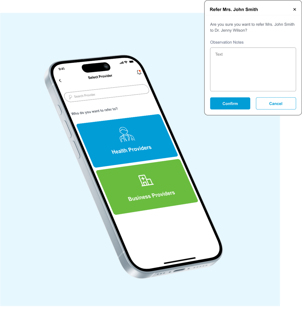 TelsCare referral flow, selecting a provider with a confirmation step