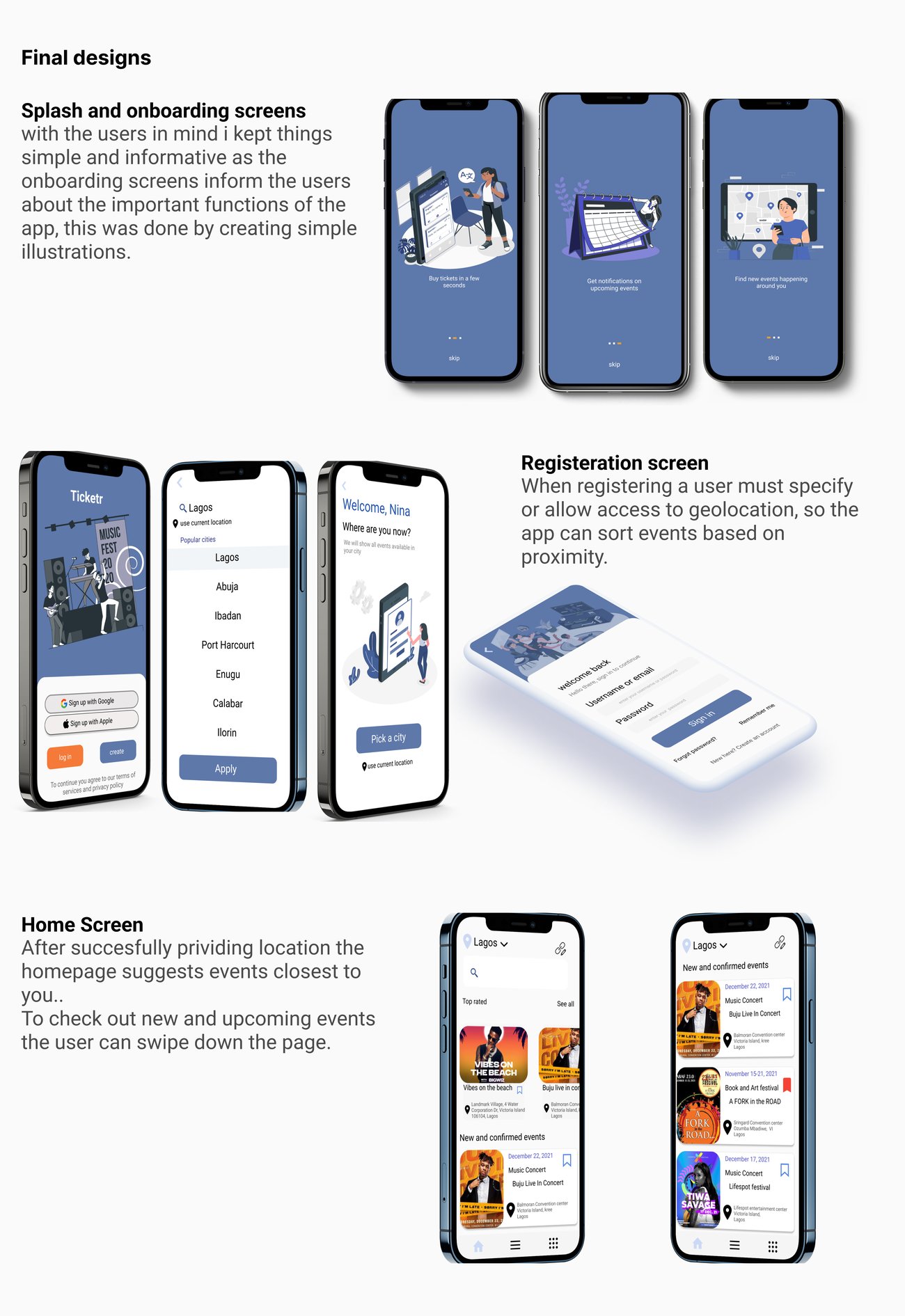 TicketR splash, onboarding, registration and home screens