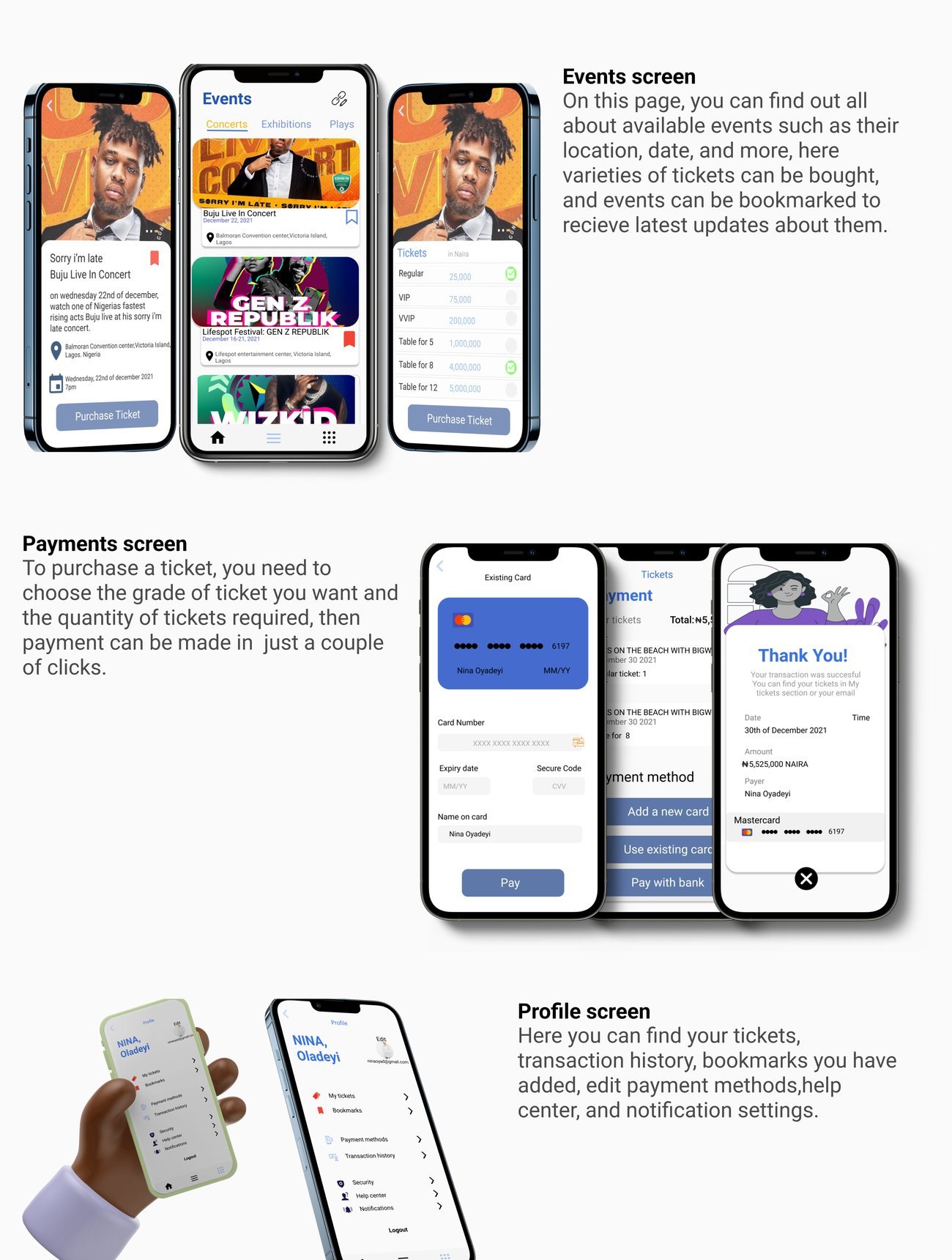 TicketR events, payments and profile screens